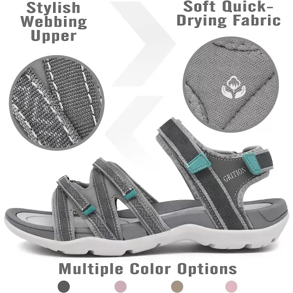 imageGRITION Hiking Sandals for Women Comfortable Summer Sports Walking Sandals with Hook and Loop Strap Lightweight Waterproof Athletic Beach Water Sandals OutdoorGrey Green