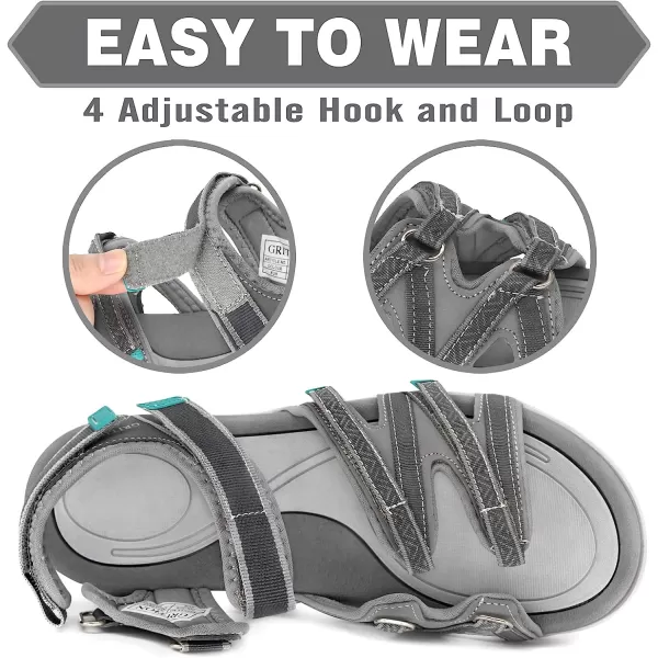 imageGRITION Hiking Sandals for Women Comfortable Summer Sports Walking Sandals with Hook and Loop Strap Lightweight Waterproof Athletic Beach Water Sandals OutdoorGrey Green