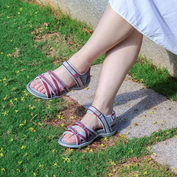 imageGRITION Hiking Sandals for Women Comfortable Summer Sports Walking Sandals with Hook and Loop Strap Lightweight Waterproof Athletic Beach Water Sandals OutdoorBurgundy