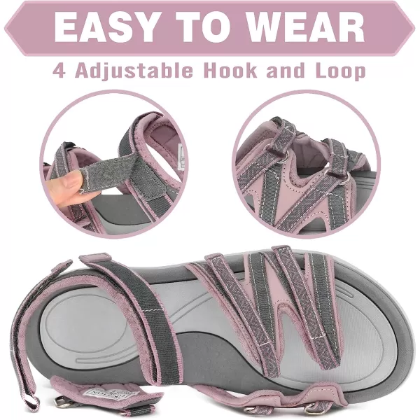 imageGRITION Hiking Sandals for Women Comfortable Summer Sports Walking Sandals with Hook and Loop Strap Lightweight Waterproof Athletic Beach Water Sandals OutdoorPink