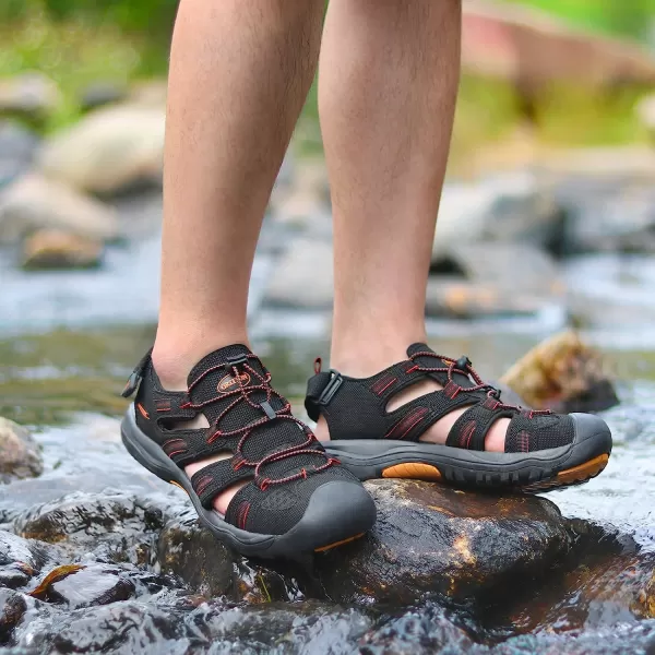 imageGRITION Mens Closed Toe Sandals Outdoor Hiking Sport Water Shoes Waterproof Athletic Comfortable Beach Walking Sandal Fisherman SummerBlack Orange