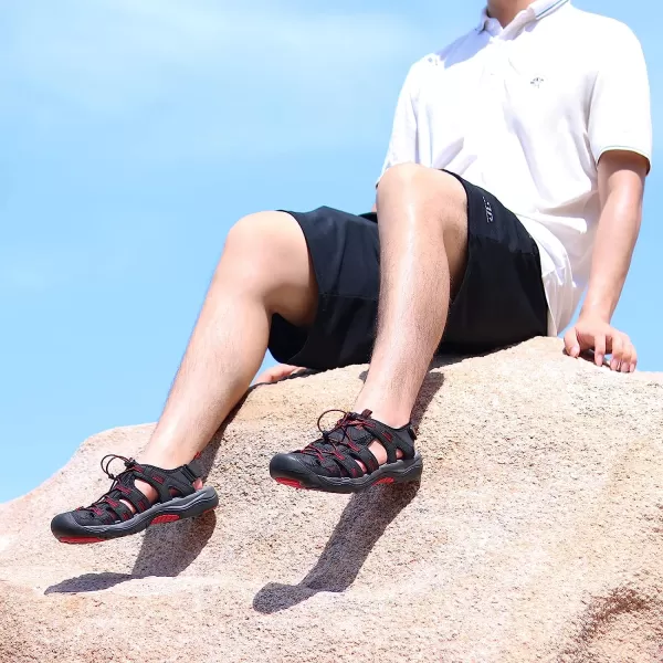 imageGRITION Mens Closed Toe Sandals Outdoor Hiking Sport Water Shoes Waterproof Athletic Comfortable Beach Walking Sandal Fisherman SummerBlackRed