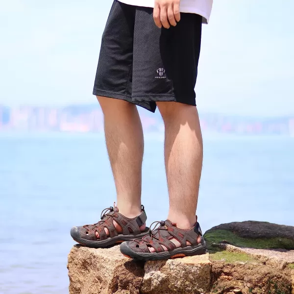 imageGRITION Mens Closed Toe Sandals Outdoor Hiking Sport Water Shoes Waterproof Athletic Comfortable Beach Walking Sandal Fisherman SummerBrown Orange