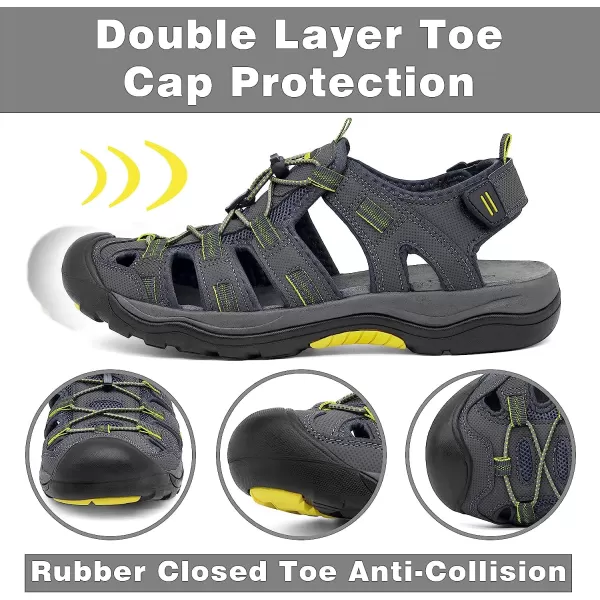 imageGRITION Mens Closed Toe Sandals Outdoor Hiking Sport Water Shoes Waterproof Athletic Comfortable Beach Walking Sandal Fisherman SummerGrey Yellow