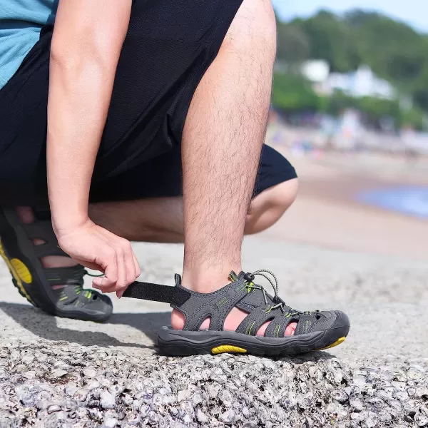 imageGRITION Mens Closed Toe Sandals Outdoor Hiking Sport Water Shoes Waterproof Athletic Comfortable Beach Walking Sandal Fisherman SummerGrey Yellow