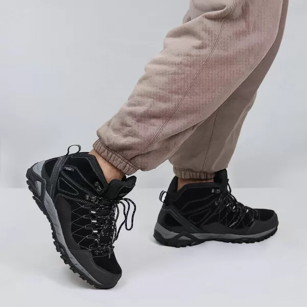 imageGRITION Mens Hiking Boots Waterproof Lightweight Ankle High Walking Boots Lace Up Non Slip Breathable Comfort Trekking Travelling Outdoor Shoes WinterBlack