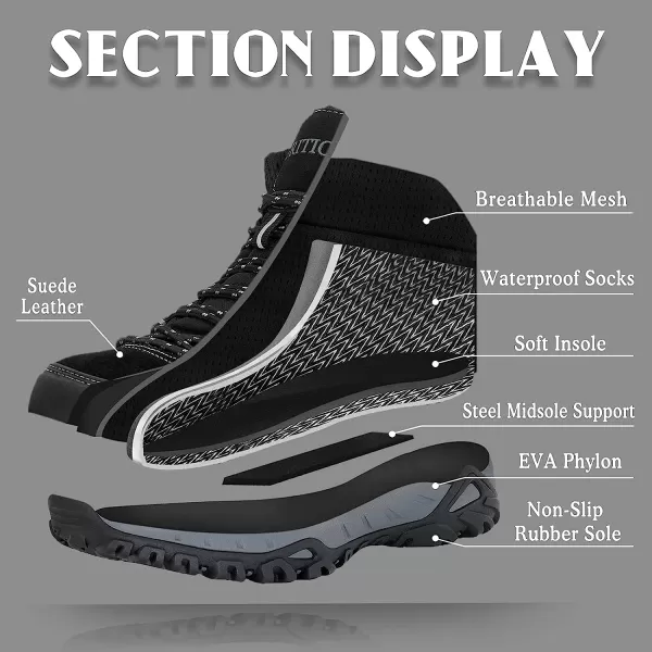 imageGRITION Mens Hiking Boots Waterproof Lightweight Ankle High Walking Boots Lace Up Non Slip Breathable Comfort Trekking Travelling Outdoor Shoes WinterBlack