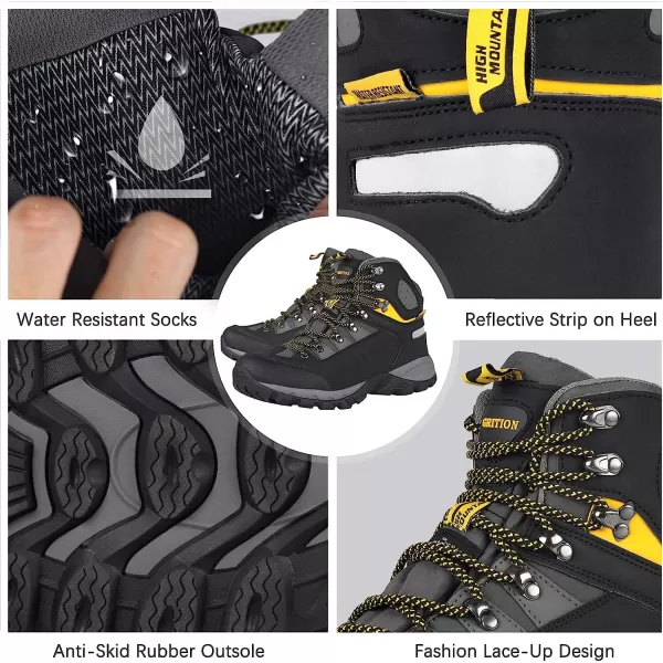 imageGRITION Mens Hiking Boots Waterproof Lightweight Ankle High Walking Boots Lace Up Non Slip Breathable Comfort Trekking Travelling Outdoor Shoes WinterYellow