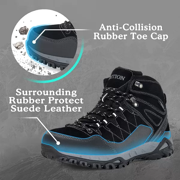 imageGRITION Mens Hiking Boots Waterproof Lightweight Ankle High Walking Boots Lace Up Non Slip Breathable Comfort Trekking Travelling Outdoor Shoes WinterBlack