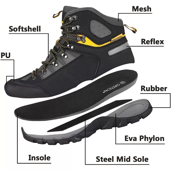 imageGRITION Mens Hiking Boots Waterproof Lightweight Ankle High Walking Boots Lace Up Non Slip Breathable Comfort Trekking Travelling Outdoor Shoes WinterYellow