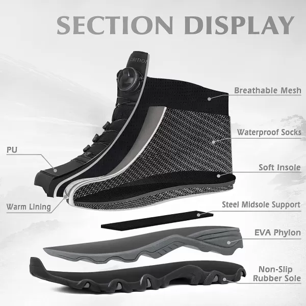 imageGRITION Mens Hiking Boots Waterproof Mid Ankle Work Snow Boots for Men Black Shoes for Backpacking Trekking Outdoor Mountaineering and moreBlack Auto Lacing