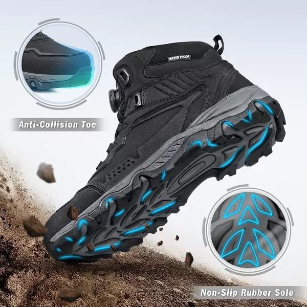 imageGRITION Mens Hiking Boots Waterproof Mid Ankle Work Snow Boots for Men Black Shoes for Backpacking Trekking Outdoor Mountaineering and moreBlack Auto Lacing