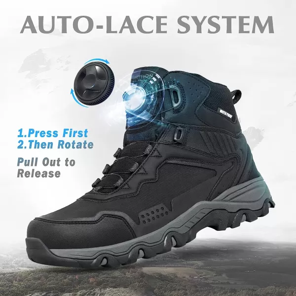 imageGRITION Mens Hiking Boots Waterproof Mid Ankle Work Snow Boots for Men Black Shoes for Backpacking Trekking Outdoor Mountaineering and moreBlack Auto Lacing