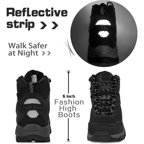 imageGRITION Mens Hiking Boots Waterproof Mid Ankle Work Snow Boots for Men Black Shoes for Backpacking Trekking Outdoor Mountaineering and moreBlack Grey