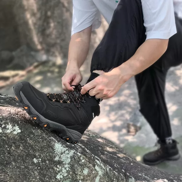 imageGRITION Mens Hiking Boots Waterproof Mid Ankle Work Snow Boots for Men Black Shoes for Backpacking Trekking Outdoor Mountaineering and moreBlackOrange
