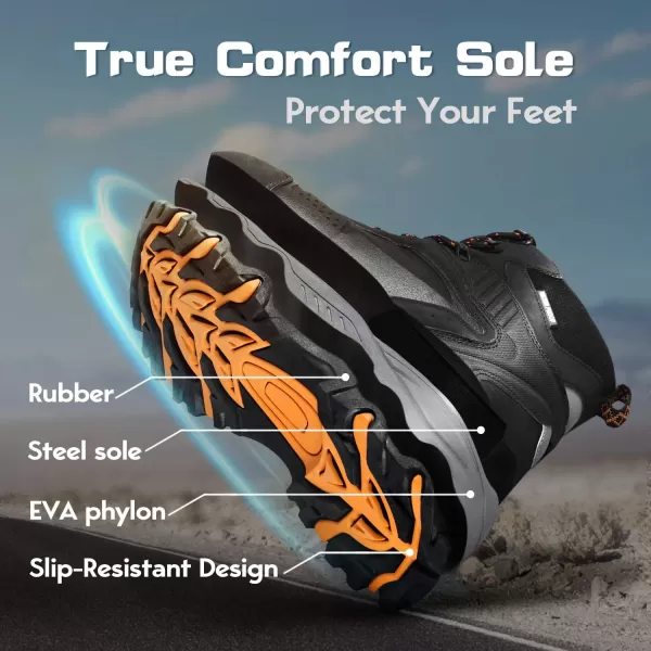 imageGRITION Mens Hiking Boots Waterproof Mid Ankle Work Snow Boots for Men Black Shoes for Backpacking Trekking Outdoor Mountaineering and moreBlackOrange