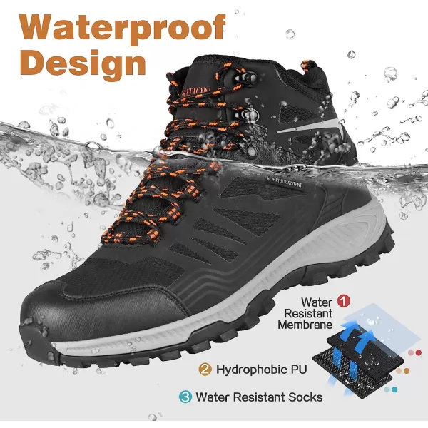 imageGRITION Mens Hiking Boots Waterproof Mid Ankle Work Snow Boots for Men Black Shoes for Backpacking Trekking Outdoor Mountaineering and moreBlackWhite
