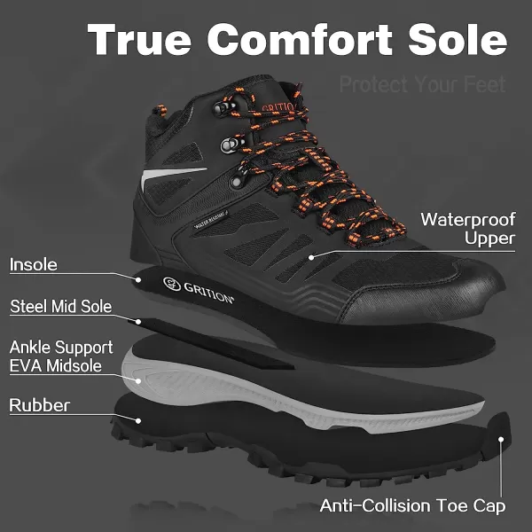 imageGRITION Mens Hiking Boots Waterproof Mid Ankle Work Snow Boots for Men Black Shoes for Backpacking Trekking Outdoor Mountaineering and moreBlackWhite