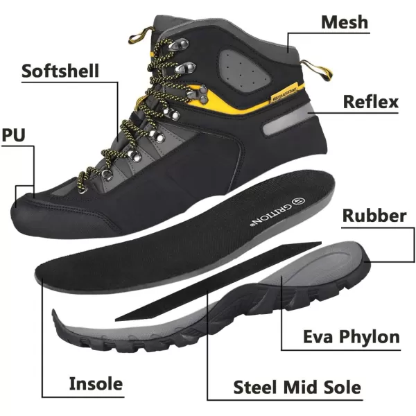 imageGRITION Mens Hiking Boots Waterproof Outdoor Walking Boots Mid Ankle Comfortable Athletic Boots Lightweight Lace Up Backpacking ShoesYellow