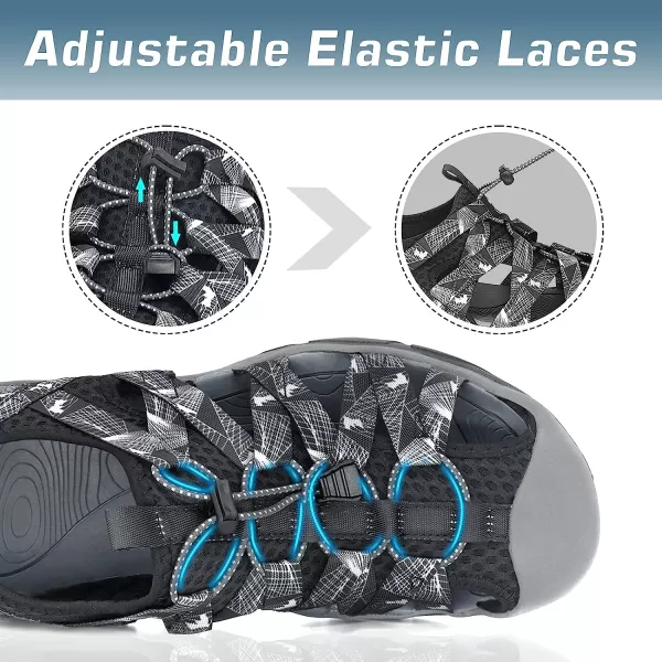 imageGRITION Mens Outdoor Hiking Sandals Protective Topcap Water Shoes Athlatic Sport Walking Sandals Waterproof Quick Dry for Fisherman BeachBlack Grey