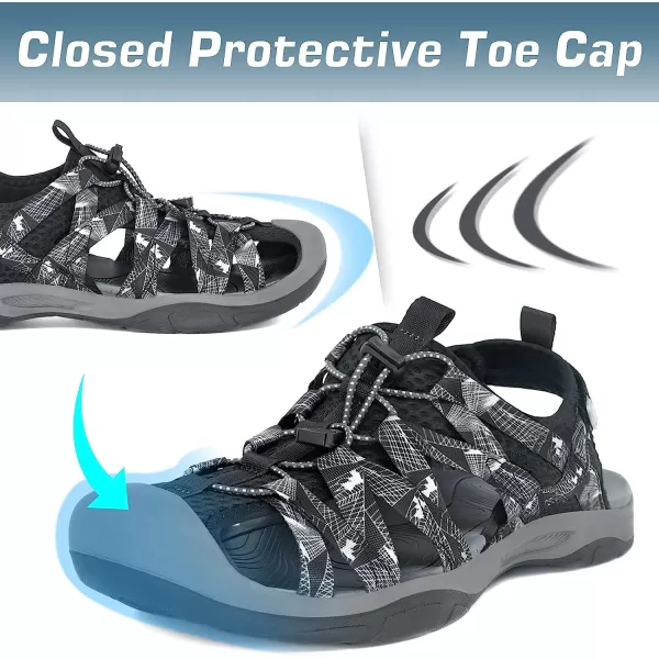 imageGRITION Mens Outdoor Hiking Sandals Protective Topcap Water Shoes Athlatic Sport Walking Sandals Waterproof Quick Dry for Fisherman BeachBlack Grey