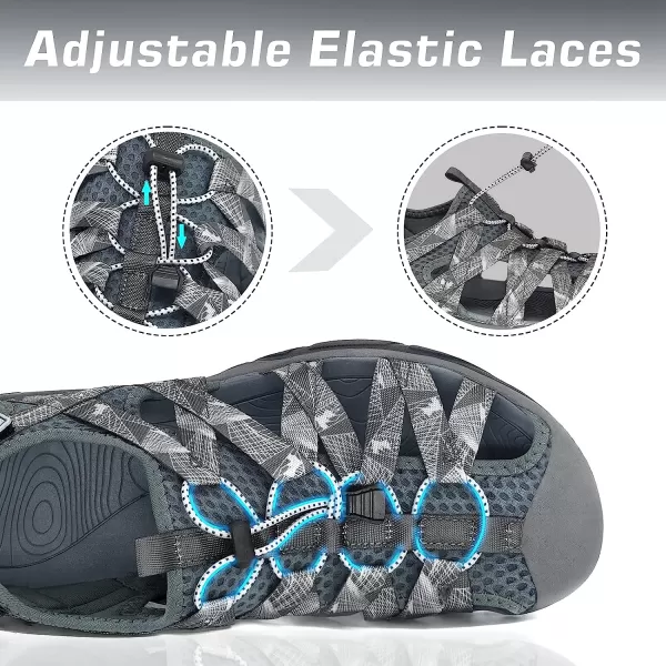 imageGRITION Mens Outdoor Hiking Sandals Protective Topcap Water Shoes Athlatic Sport Walking Sandals Waterproof Quick Dry for Fisherman BeachGrey