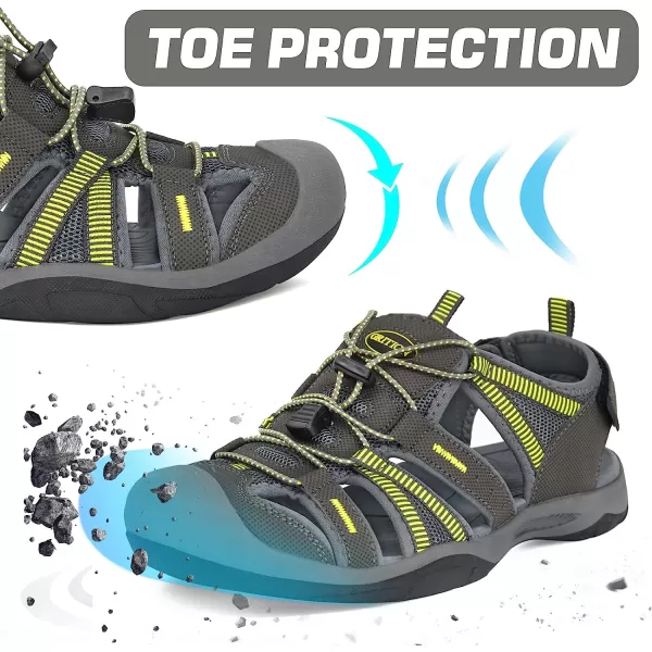 imageGRITION Mens Outdoor Hiking Sandals Protective Topcap Water Shoes Athlatic Sport Walking Sandals Waterproof Quick Dry for Fisherman BeachGrey Lime