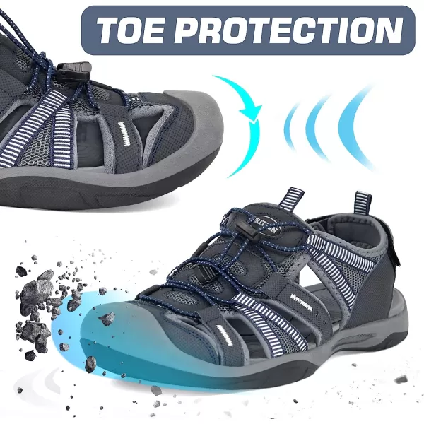 imageGRITION Mens Outdoor Hiking Sandals Protective Topcap Water Shoes Athlatic Sport Walking Sandals Waterproof Quick Dry for Fisherman BeachNavy Blue