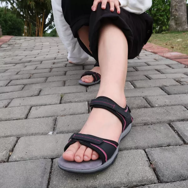 imageGRITION Women Hiking Sandals Wide Outdoor Girl Sport Summer Flat Beach Water Shoes Open Toe Adjustable Walking ShoesBlack