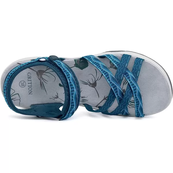 imageGRITION Women Hiking Sandals Wide Outdoor Girl Sport Summer Flat Beach Water Shoes Open Toe Adjustable Walking ShoesDark Blue