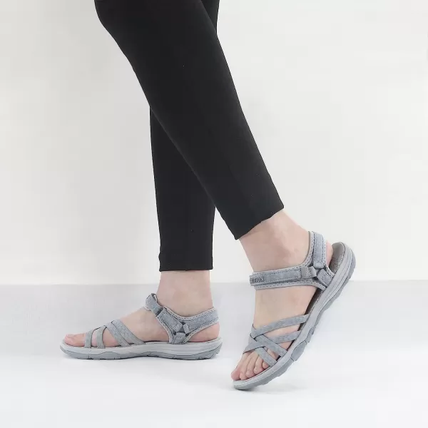 imageGRITION Women Hiking Sandals Wide Outdoor Girl Sport Summer Flat Beach Water Shoes Open Toe Adjustable Walking ShoesLight Blue