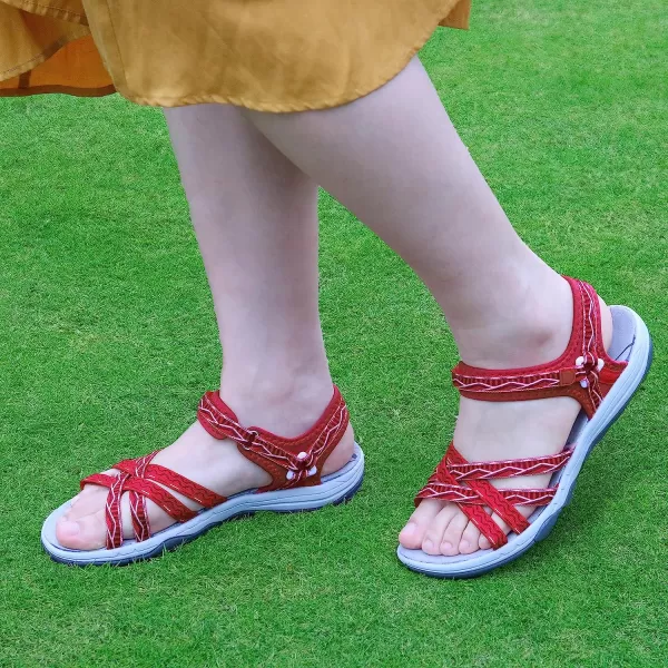 imageGRITION Women Hiking Sandals Wide Outdoor Girl Sport Summer Flat Beach Water Shoes Open Toe Adjustable Walking ShoesRed