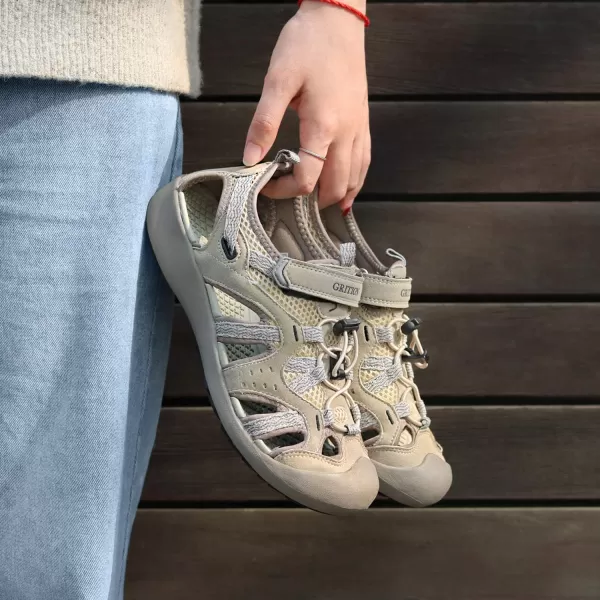 imageGRITION Women Outdoor Hiking Sandals Summer Adjustable Closed Toe Beach Sport Walking Shoes BeigeBeige