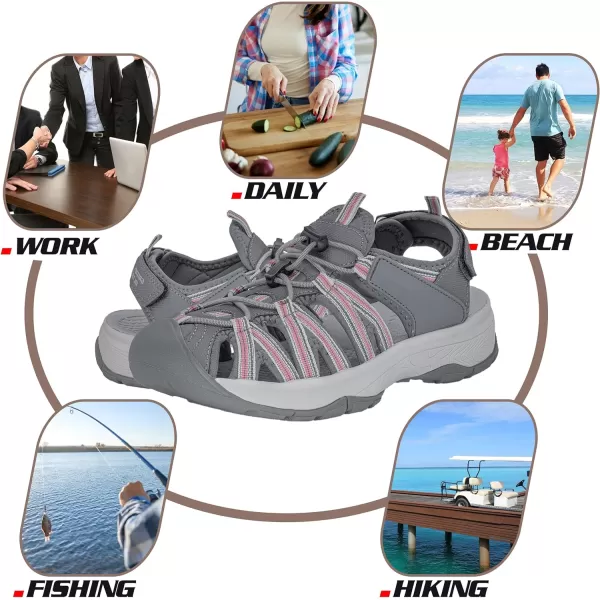 imageGRITION Women Outdoor Hiking Sandals Summer Adjustable Closed Toe Beach Sport Walking Shoes Blue Purple BeigeGrey Pink