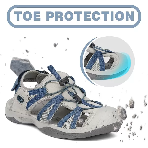 imageGRITION Womens Closed Toe Trekking Sandals Waterproof Hiking Sandals Comfort Breathable Outdoor Summer Flat Adjustable WearResistant Sports Sandals on BeachBlue