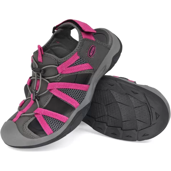imageGRITION Womens Closed Toe Trekking Sandals Waterproof Hiking Sandals Comfort Breathable Outdoor Summer Flat Adjustable WearResistant Sports Sandals on BeachRed