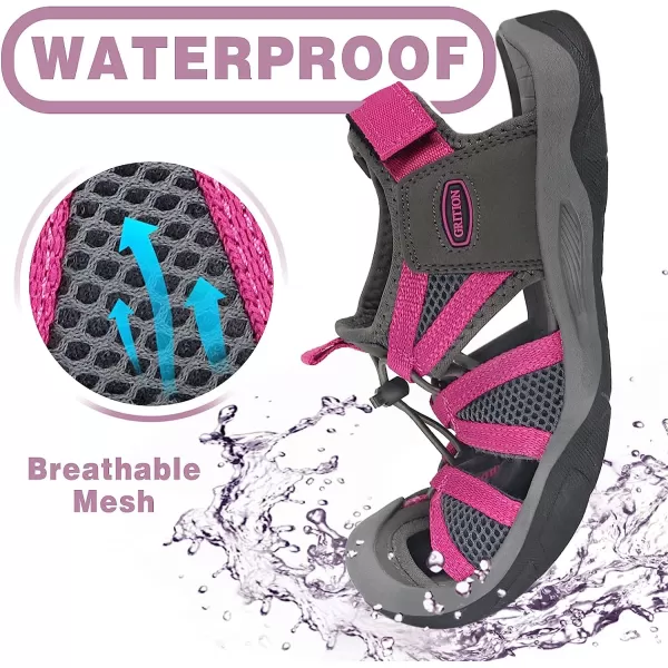 imageGRITION Womens Closed Toe Trekking Sandals Waterproof Hiking Sandals Comfort Breathable Outdoor Summer Flat Adjustable WearResistant Sports Sandals on BeachRed