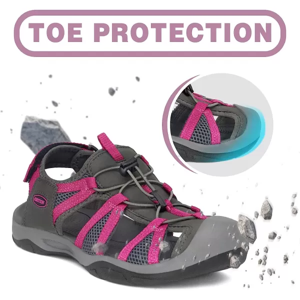 imageGRITION Womens Closed Toe Trekking Sandals Waterproof Hiking Sandals Comfort Breathable Outdoor Summer Flat Adjustable WearResistant Sports Sandals on BeachRed