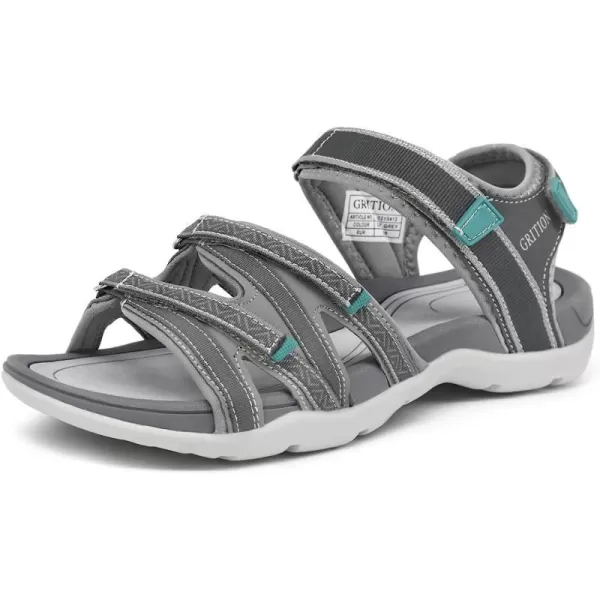 imageGRITION Hiking Sandals for Women Comfortable Summer Sports Walking Sandals with Hook and Loop Strap Lightweight Waterproof Athletic Beach Water Sandals OutdoorGrey Green