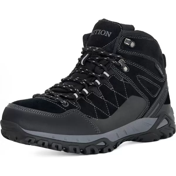 imageGRITION Mens Hiking Boots Waterproof Lightweight Ankle High Walking Boots Lace Up Non Slip Breathable Comfort Trekking Travelling Outdoor Shoes WinterBlack