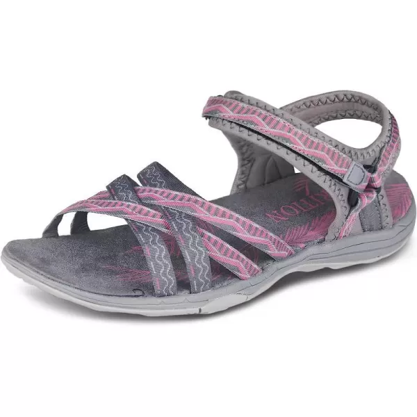imageGRITION Women Hiking Sandals Wide Outdoor Girl Sport Summer Flat Beach Water Shoes Open Toe Adjustable Walking ShoesGreyPink