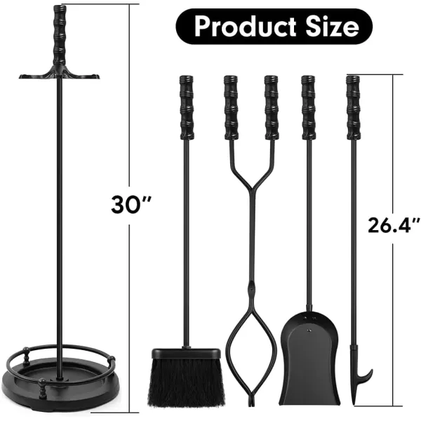 AMAGABELI GARDEN &amp; HOME 30in Fireplace Tools Set Brass Handle 5Pieces Wrought Iron Indoor Fireset Stand Wood Log Holder Hearth Accessories Kit Antique Fire Tongs Shovel Brush Chimney Poker Tool Set
