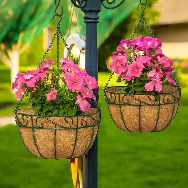 AMAGABELI GARDEN &amp; HOME 4 Pack 14 Inch Hanging Baskets Planter for Flowers Round Outdoor Indoor Pots Holder Hanger Metal with Liner Chain Large Artificial Plants Decoration Black Basket14