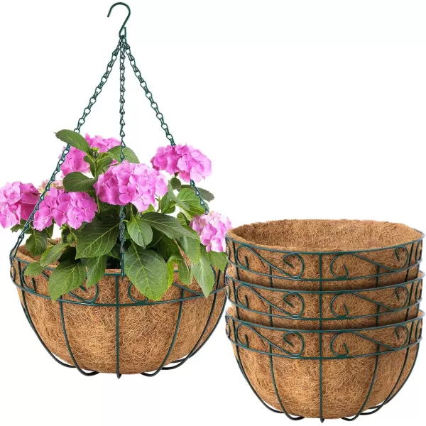 AMAGABELI GARDEN &amp; HOME 4 Pack 14 Inch Hanging Baskets Planter for Flowers Round Outdoor Indoor Pots Holder Hanger Metal with Liner Chain Large Artificial Plants Decoration Black Basket14
