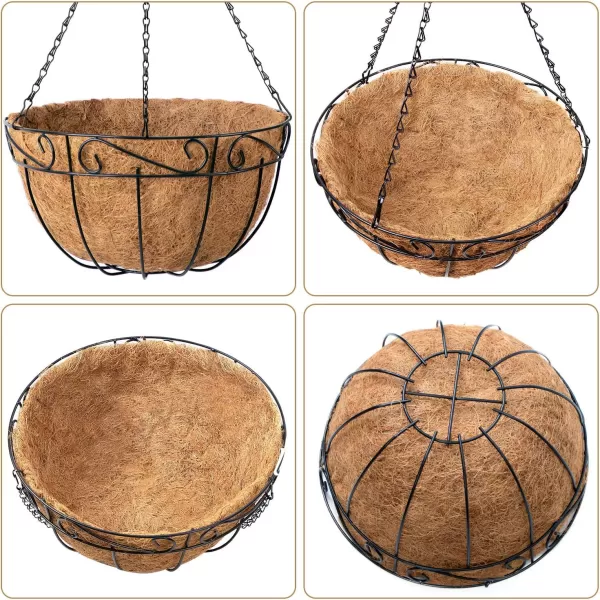 AMAGABELI GARDEN &amp; HOME 4 Pack 14 Inch Hanging Baskets Planter for Flowers Round Outdoor Indoor Pots Holder Hanger Metal with Liner Chain Large Artificial Plants Decoration Black Basket14