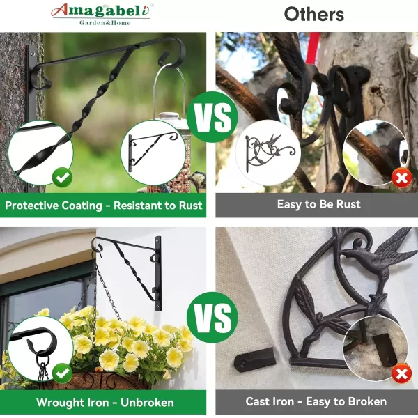 AMAGABELI GARDEN &amp; HOME 4 Pack Hanging Plants Bracket 12" Outdoor Hanger Planter Hooks Flower Baskets Pot Bird Feeder Lanterns Hanger Garden for Wall Fence Screw Mount Arm Metal Black BG154