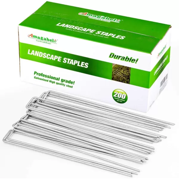 AMAGABELI GARDEN &amp; HOME 6 Inch Galvanized Landscape Staples 200 Pack 11 Gauge Garden Stakes Sod Pins Anti-Rust for Weed Barrier Fabric Ground Cover Dripper Irrigation Tubing Soaker Hose STAPLE001