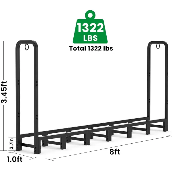 AMAGABELI GARDEN &amp; HOME 8ft Outdoor Firewood Rack, Fireplace Heavy Duty Firewood Pile Storage Racks For Patio Deck Metal Log Holder Stand Tubular Steel Wood Stacker Outside Tools Accessories Black