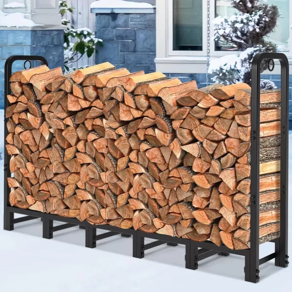 AMAGABELI GARDEN &amp; HOME 8ft Outdoor Firewood Rack, Fireplace Heavy Duty Firewood Pile Storage Racks For Patio Deck Metal Log Holder Stand Tubular Steel Wood Stacker Outside Tools Accessories Black