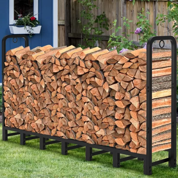 AMAGABELI GARDEN &amp; HOME 8ft Outdoor Firewood Rack, Fireplace Heavy Duty Firewood Pile Storage Racks For Patio Deck Metal Log Holder Stand Tubular Steel Wood Stacker Outside Tools Accessories Black